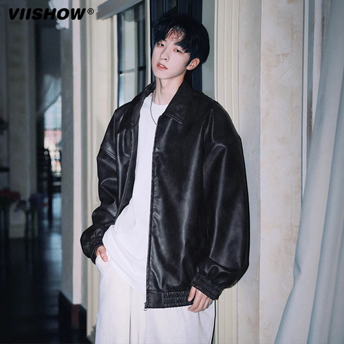 VIISHOW皮衣外套男春秋季高级感宽松百搭简约纯色青少年休闲夹克