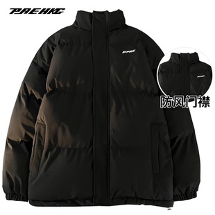 PRESSURE2024冬基础立体字母Logo印花休闲宽松立领面包棉服外套男