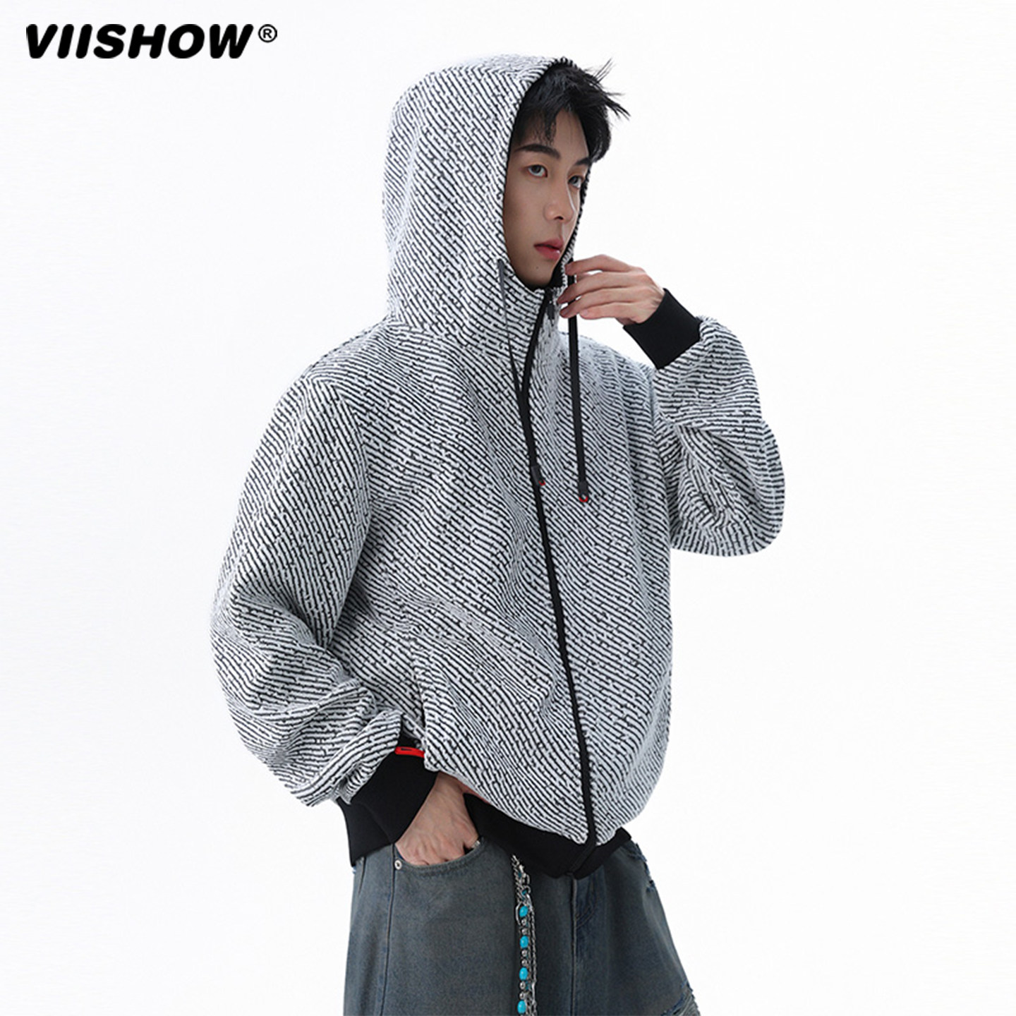VIISHOWcleanfit针织条纹卫衣外套男款秋季美式复古重磅连帽夹克