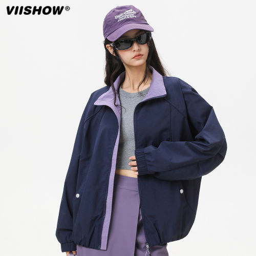 VIISHOW潮牌户外撞色拼接立领夹克男女春季宽松情侣休闲运动外套