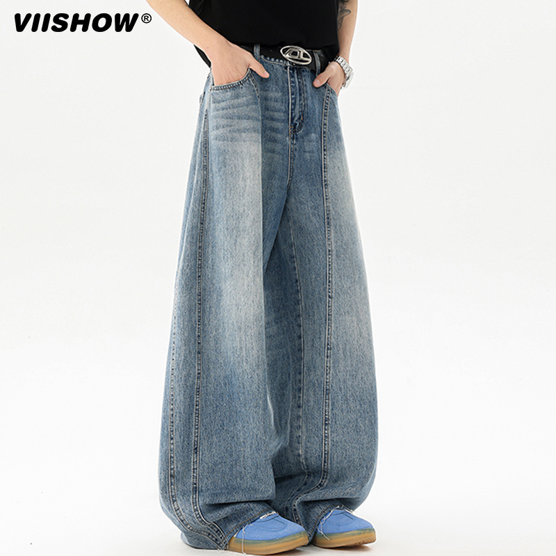 VIISHOW美式复古阔腿弯刀牛仔裤男2025新款春季cleanfit直筒裤