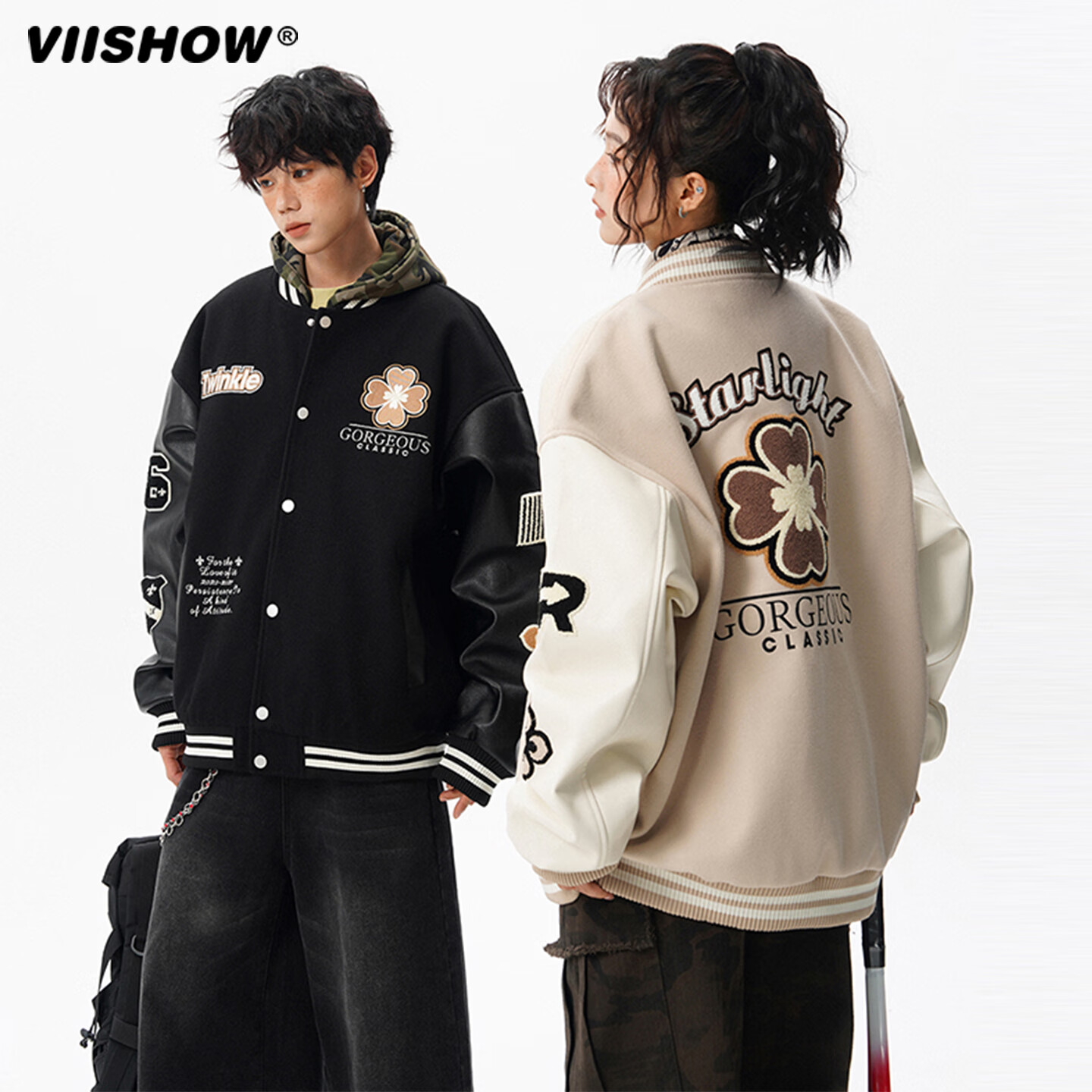 VIISHOW美式复古刺绣棒球服外套男秋季潮牌休闲情侣PU皮拼接夹克