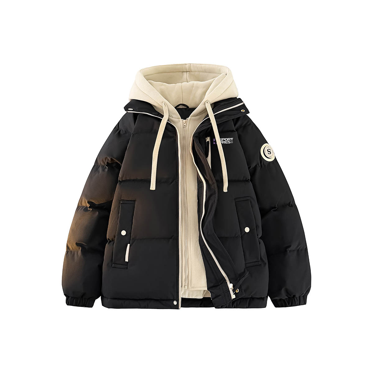 PRESSURE美式复古简约百搭魔术贴撞色假两件连帽面包棉服男女同款