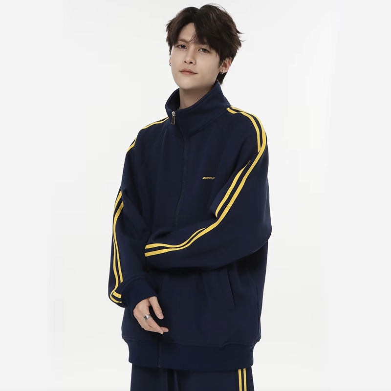 PRESSURE美式复古基础字母LOGO拼接撞色条纹立领开衫卫衣卫裤套装