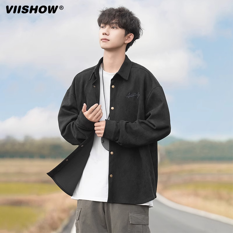 VIISHOW复古麂皮绒长袖衬衫男潮牌宽松休闲百搭衬衣港风帅气外套