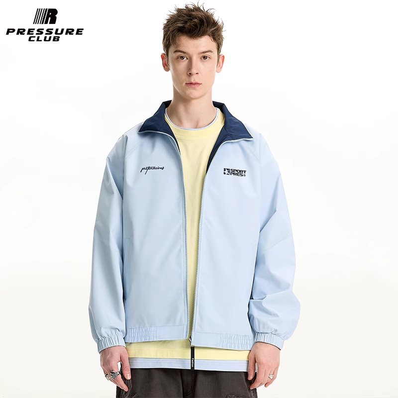 PRESSURE美式拼接撞色基础简约休闲宽松立领夹克情侣款