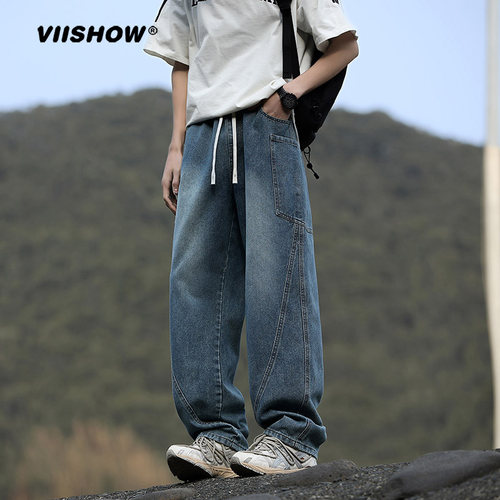 VIISHOW直筒牛仔裤男士美式高街vibe做旧裤子潮牌宽松阔腿休闲裤