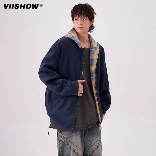 VIISHOW美式连帽开衫卫衣男女款春季重磅格子外套宽松休闲夹克