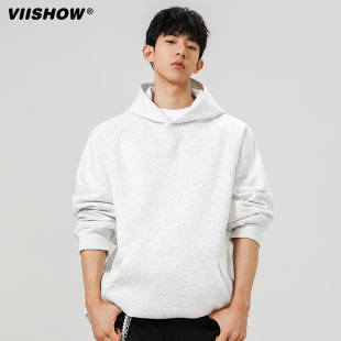 VIISHOW秋季复古简约纯色连帽卫衣男女潮牌宽松重磅情侣基础帽衫