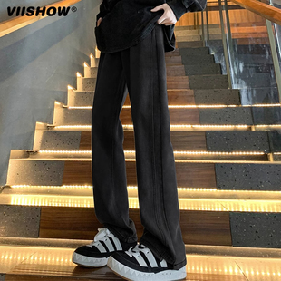 VISHOW新款美式高街直筒黄泥色牛仔裤半松紧复古休闲裤显瘦显高