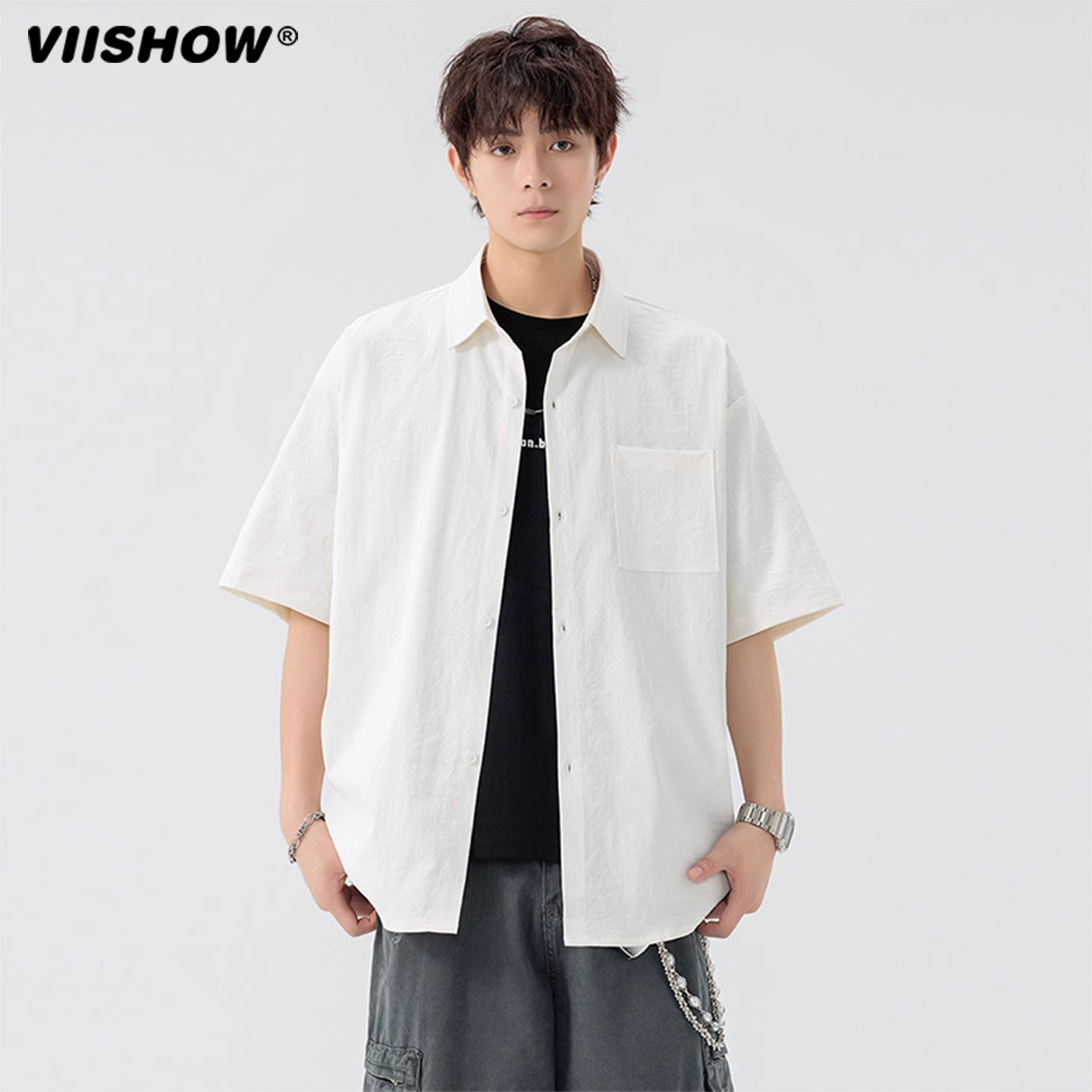 VIISHOW冰丝短袖衬衫男夏季轻薄休闲百搭宽松翻领工装衬衣外套