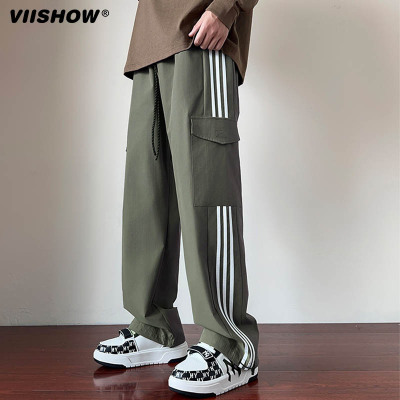 VISHOW男士巴黎神裤侧边条纹三条杠大口袋工装直筒百搭运动卫裤