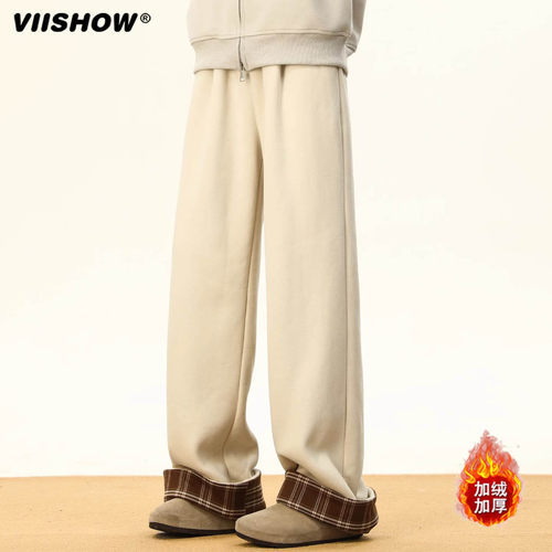 VIISHOW加绒加厚卫裤男冬季美式格子拼接毛呢裤潮牌百搭宽松长裤