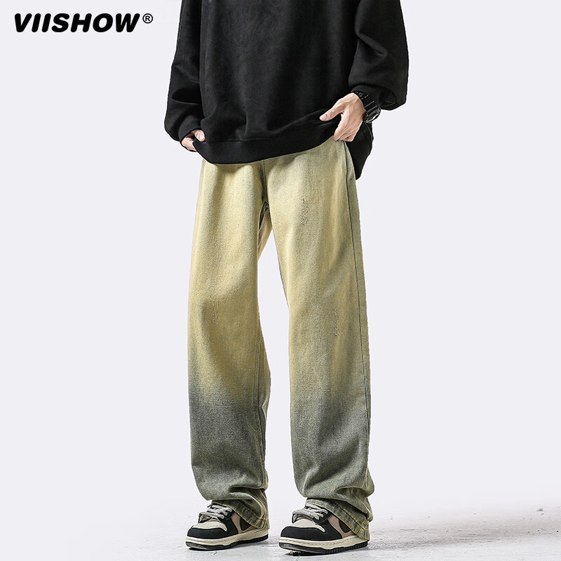 VISHOW裤子美式高街复古牛仔裤男士宽松直筒阔腿裤百搭长裤潮牌