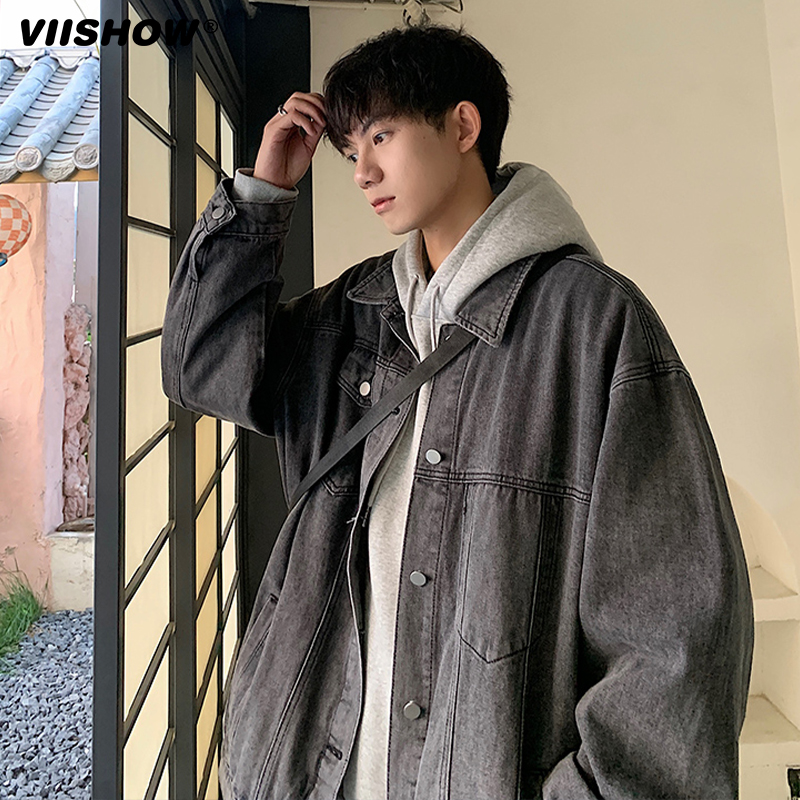 VIISHOW黑色牛仔外套男秋季复古翻领工装夹克ins潮牌潮牌休闲上衣