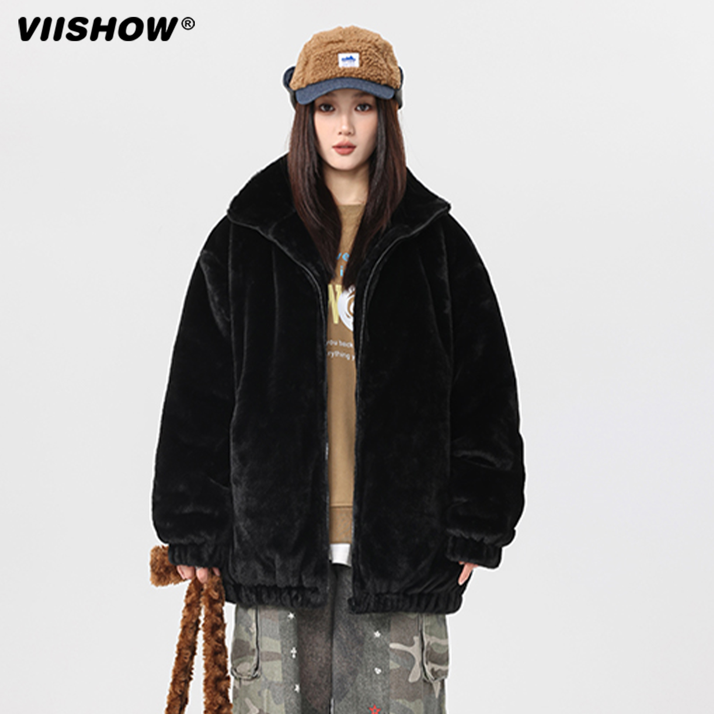 VIISHOW美式潮牌毛绒绒棉服男士冬季软糯慵懒风立领保暖棉衣外套