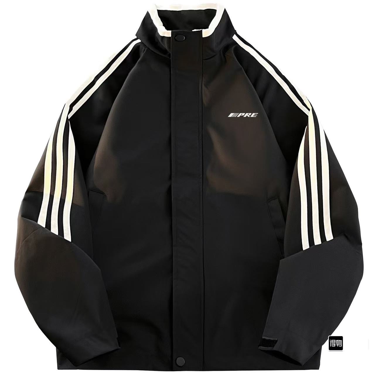 PRESSURE美式复古撞色拼接条纹字母印花休闲宽松立领夹克男士外套