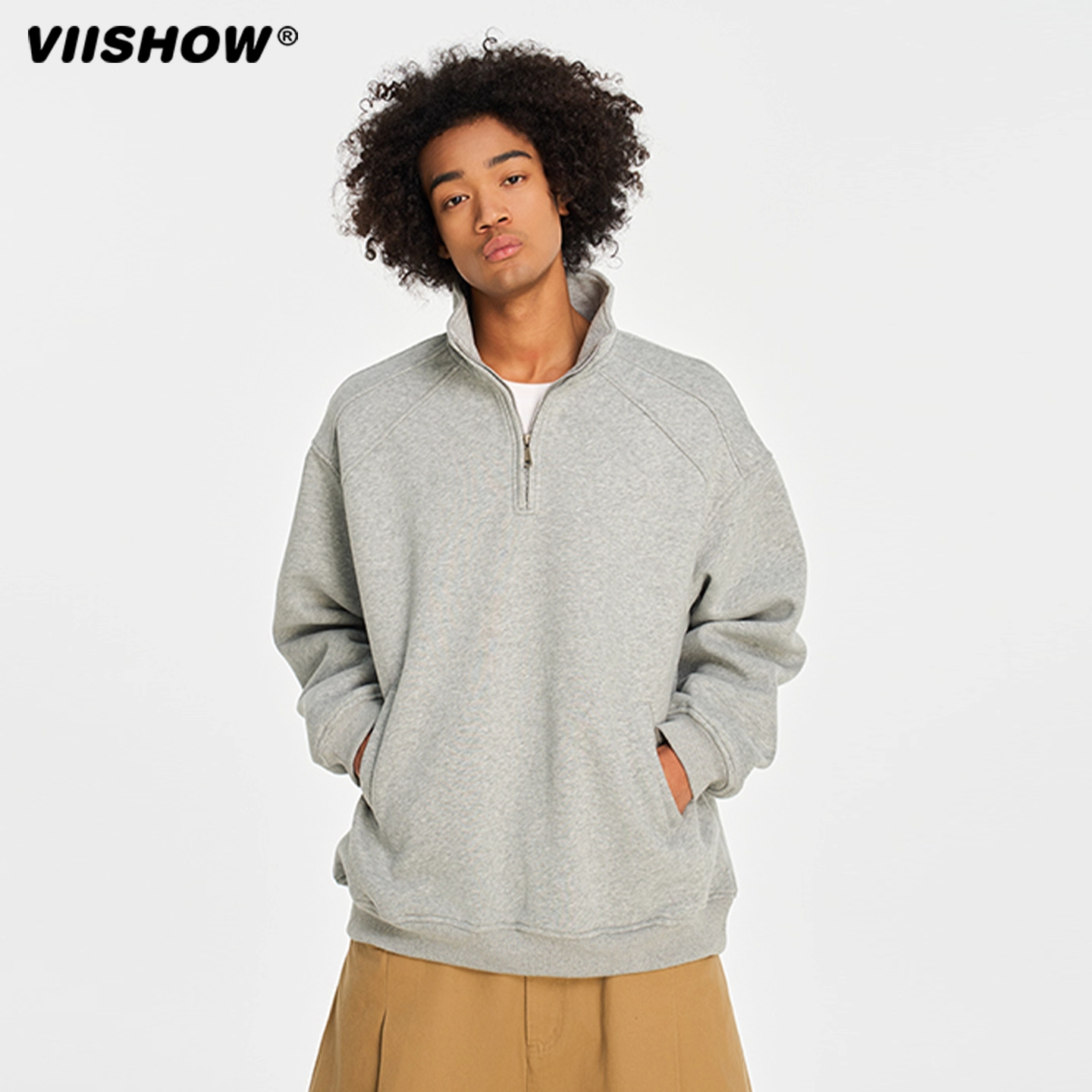 VIISHOW美式复古半拉链立领卫衣男秋季潮牌宽松廓形外套情侣上衣