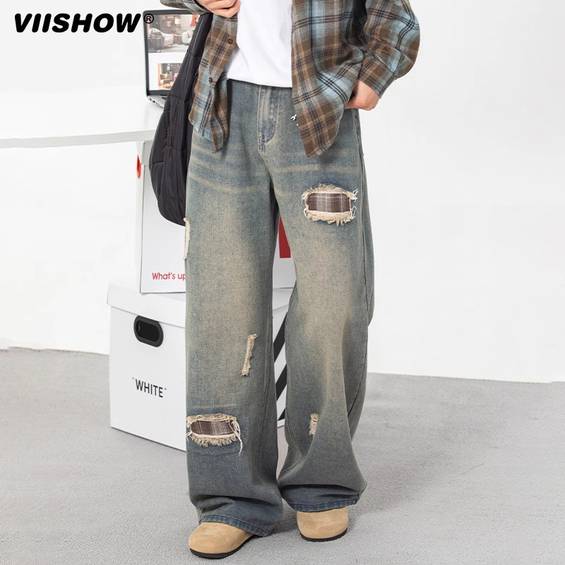 VIISHOW美式高街复古破洞水洗牛仔裤男2025年春直筒宽松阔腿长裤