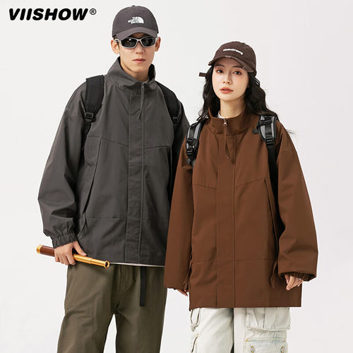 VISHOW纯色简约冲锋衣夹克男春季潮牌宽松bf休闲机能风立领外套