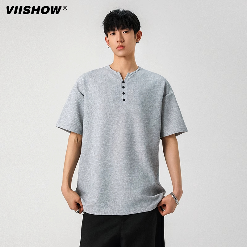VIISHOW华夫格亨利领T恤短袖男款夏季复古潮牌重磅内搭半袖上衣
