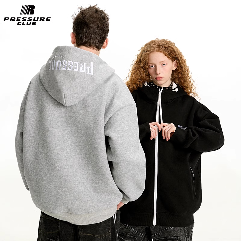 PRESSURE美式刺绣字母拼接撞色基础简约宽松休闲连帽开衫卫衣情侣