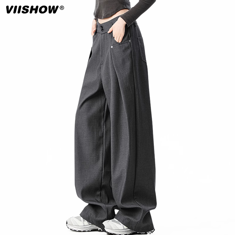 VIISHOW复古褶皱灰色运动卫裤男春季新款宽松垂感百搭直筒休闲裤
