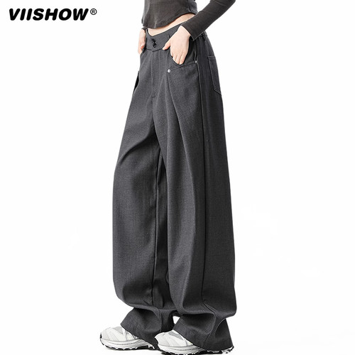 VIISHOW复古褶皱灰色运动卫裤男春季新款宽松垂感百搭直筒休闲裤