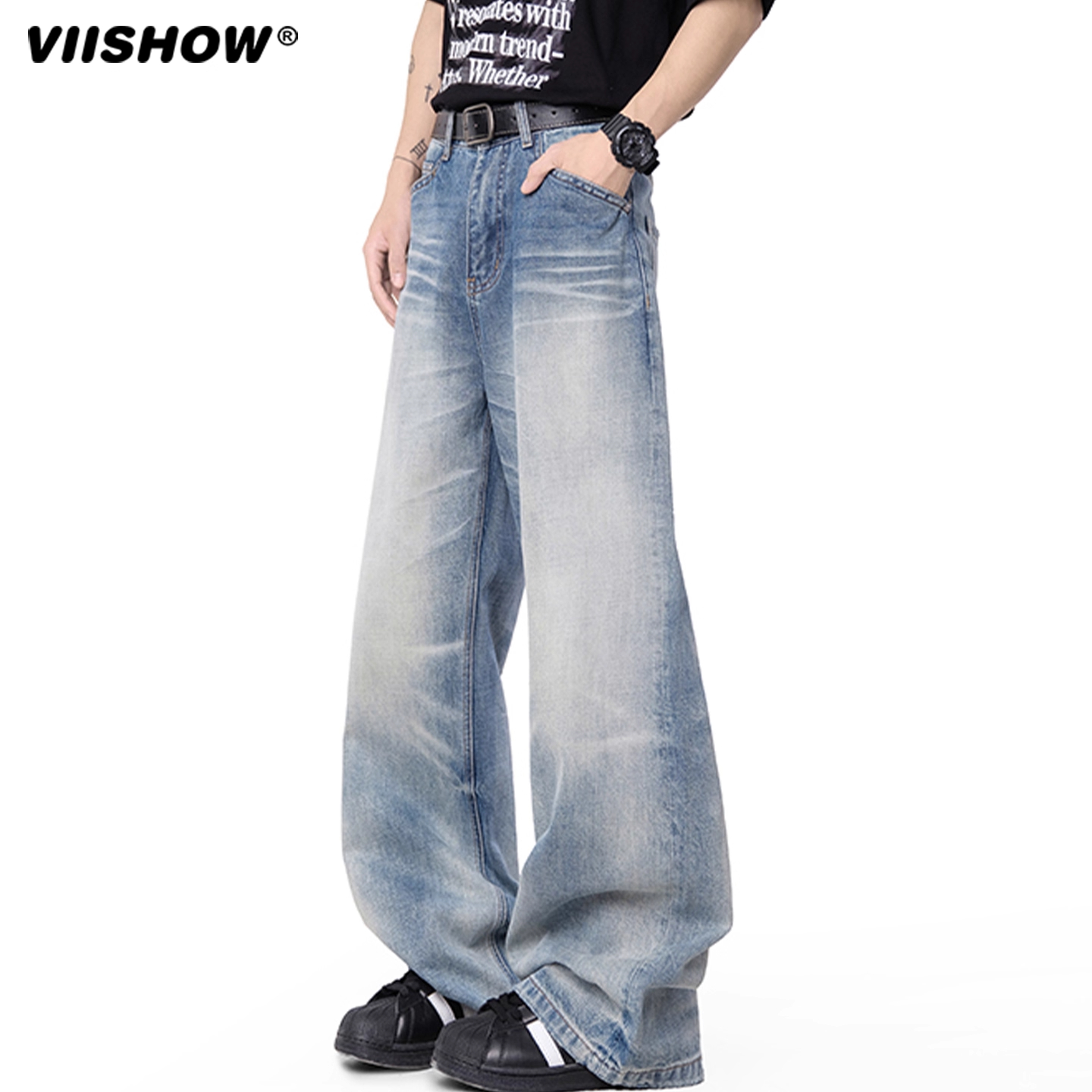 VIISHOW潮牌美式微喇水洗牛仔裤男复古宽松高街百搭cleanfit长裤