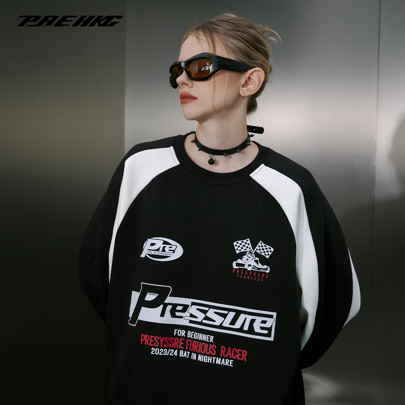 PRESSURE圆领卫衣拼接撞色美式复古赛车字母宽松休闲插肩上衣情侣