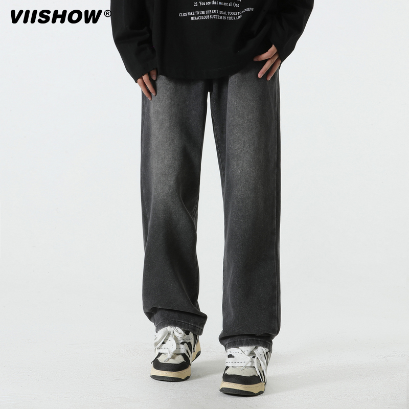 VISHOW欧美做旧水洗牛仔裤男宽松直筒深蓝色复古水洗中腰阔腿裤