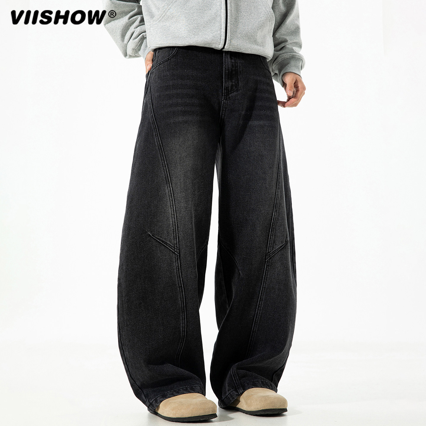 VIISHOW美式弯刀牛仔裤男秋季水洗复古工装阔腿长裤潮牌做旧裤子