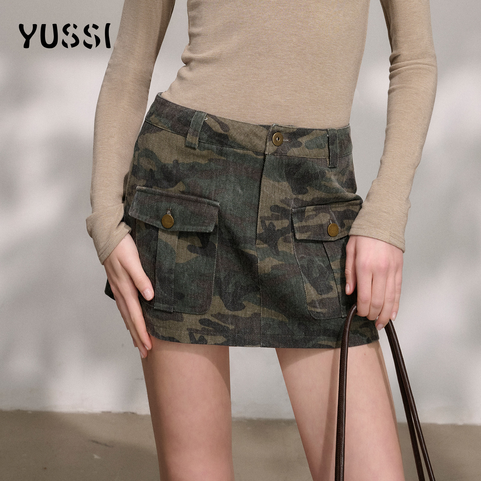 YUSSI2026春季新款大口袋迷彩裤裙高腰显瘦短裙子复古工装a字裙子