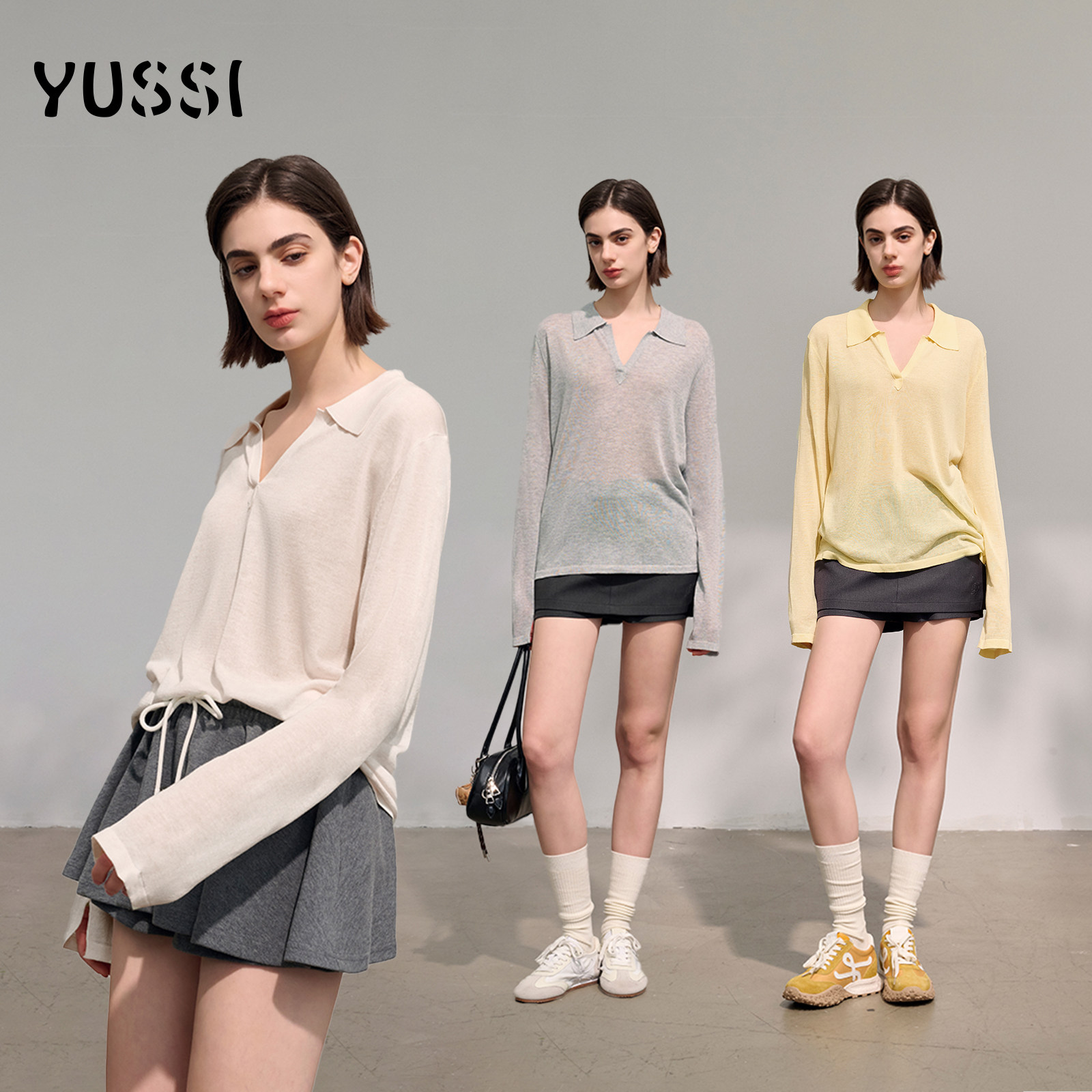 YUSSI2026春夏凉感亚麻针织衫女POLO领上衣宽松百搭休闲防晒T恤潮