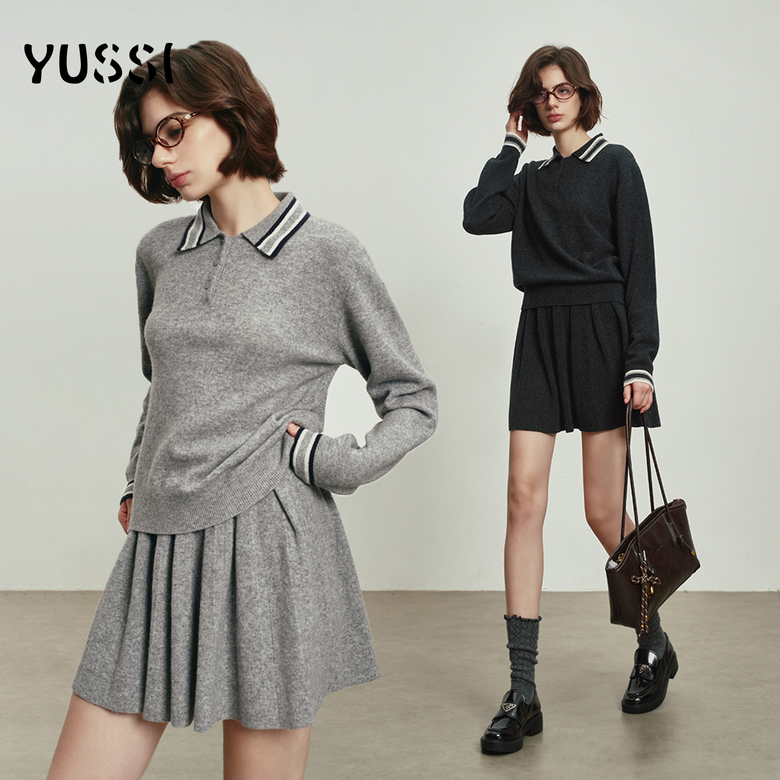 绵羊毛POLO针织衫半裙套装