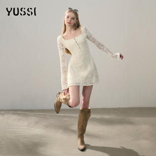 YUSSI2026春夏新款喇叭袖蕾丝连衣裙女收腰显瘦温柔气质漂亮裙子