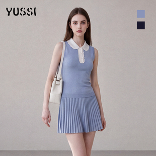 YUSSI静谧悠然针织polo领无袖上衣套装女夏装搭配百褶显瘦裙子