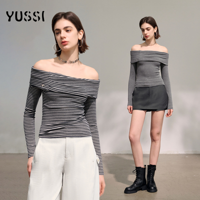 YUSSI早春一字肩条纹长袖T恤