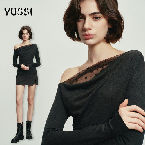 YUSSI天丝羊毛蕾丝拼接打底衫女