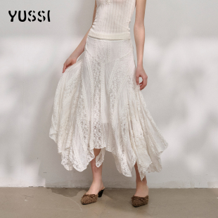 YUSSI波西米亚风不规则蕾丝半身裙女2026春夏新款 白色高腰长裙子