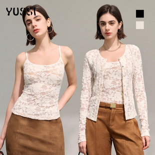 圆领修身 背心套装 白色黑色蕾丝开衫 打底衫 吊带长袖 YUSSI2026春季