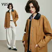 YUSSI巴恩风工装 翻领撞色上衣夹克 中长款 外套女2025新款 咖色时尚