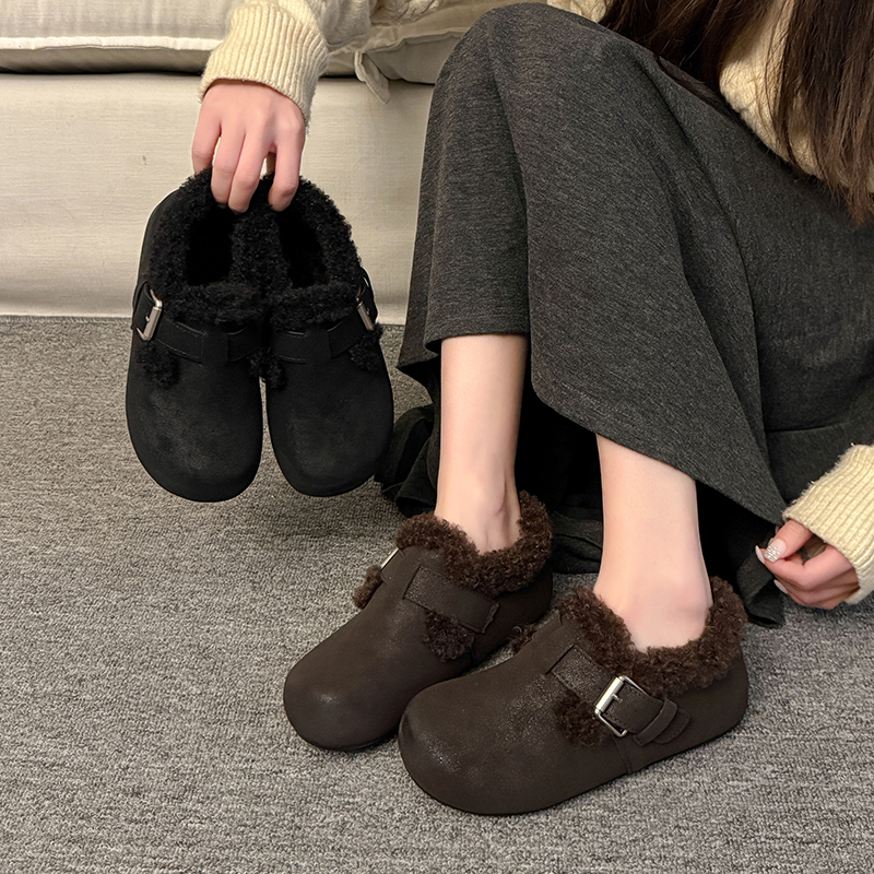 厚底加绒毛毛鞋女外穿2025冬季新款一脚蹬全包勃肯鞋休闲乐福棉鞋