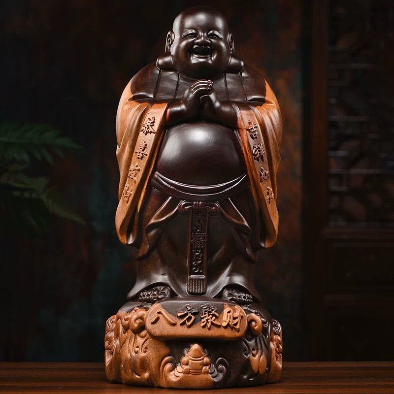 黑檀木雕刻-白皮位置随机-八方聚财弥勒佛笑佛家居客厅办公