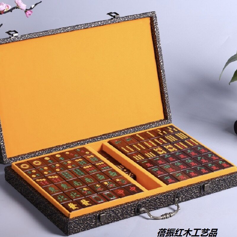 大红酸枝麻将雕刻家用手搓棋牌红木工艺品礼品收藏麻将