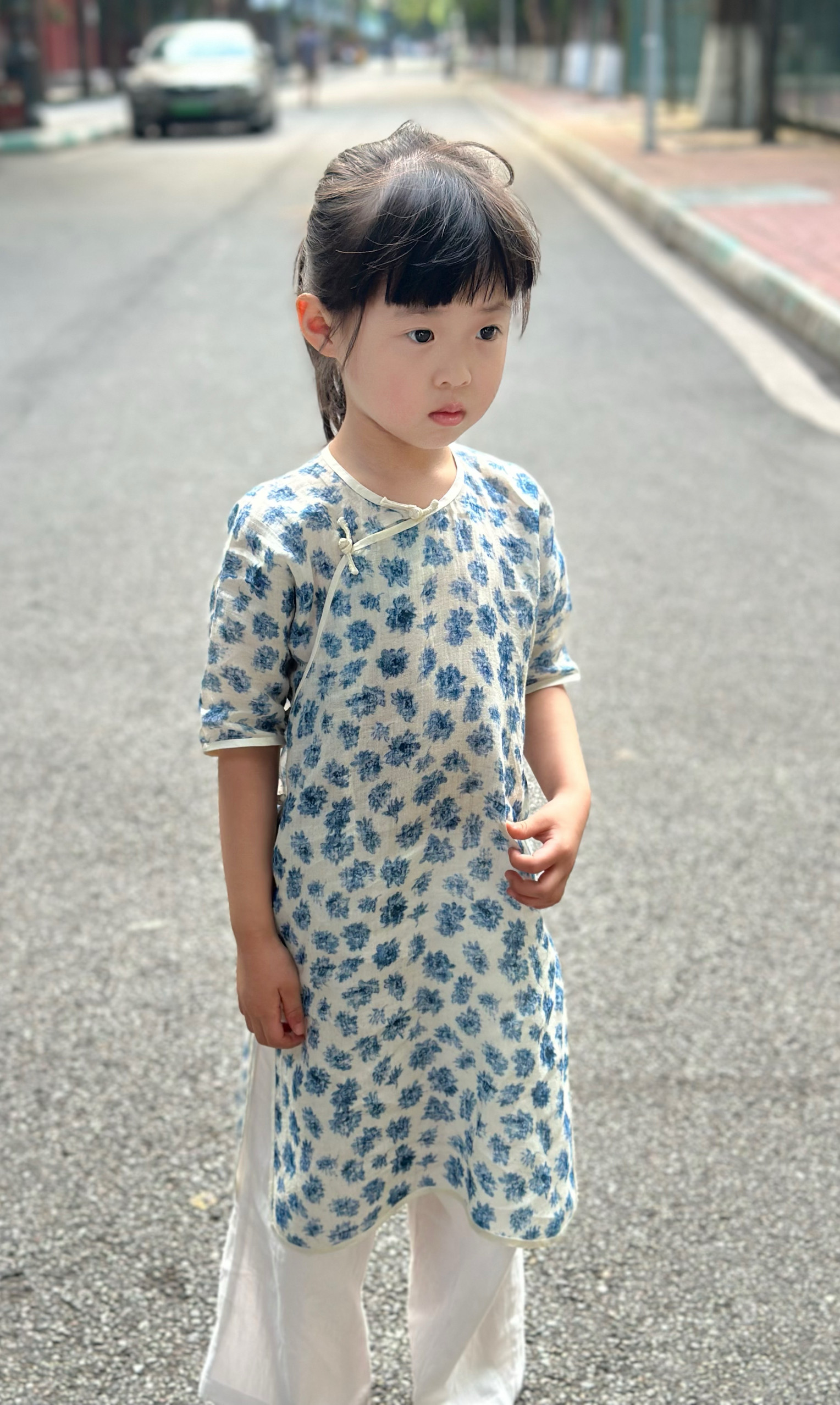 2024夏季儿童棉麻短袖旗袍裙女童宝宝中式复古蓝染碎花连衣裙
