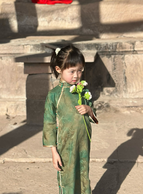 香云纱儿童旗袍绿色国风民国高端大气上档次传统复古连衣裙礼服
