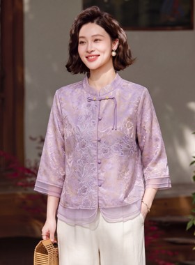妈妈装国风紫色T恤小衫上衣套装