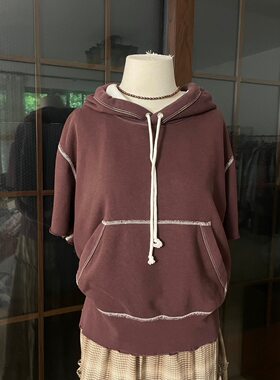 梦幻星座  时尚短袖连帽上衣小众设计感毛边落肩宽松短款卫衣