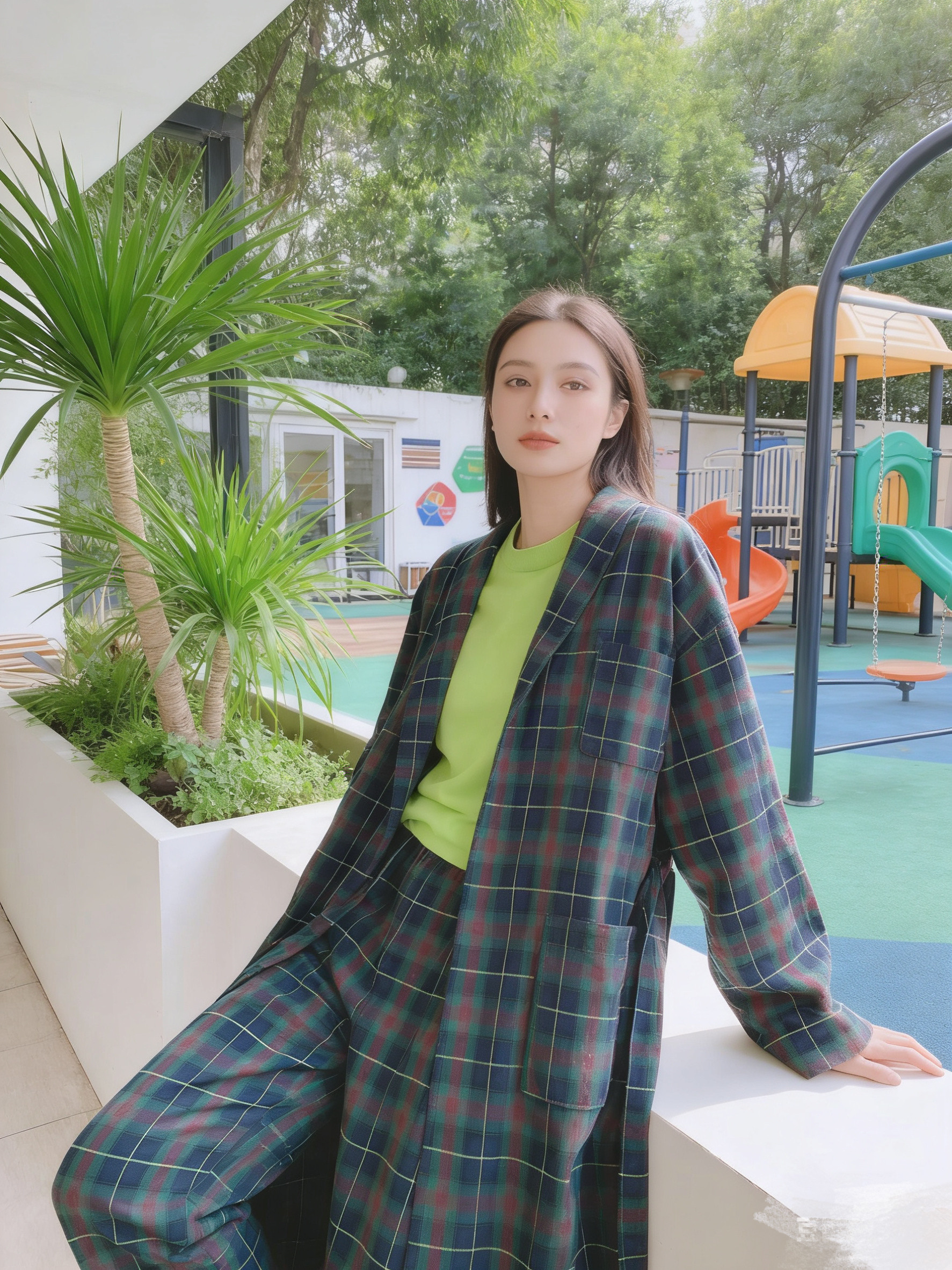 梦幻星座   时髦慵懒风宽松潮牌睡衣风长款格子衬衫外套女春季款